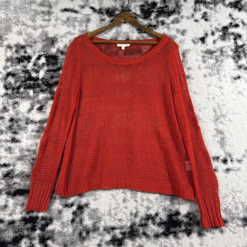 Eileen Fisher Sweater‎ Womens Size Small Red Open Knit 100% Linen Minimal Simple